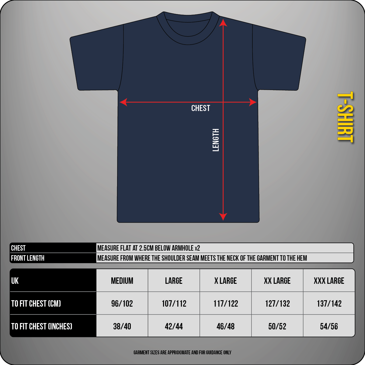 Navy blue T-shirt with graphic design on the front left breast, size chart and measurements displayed below.