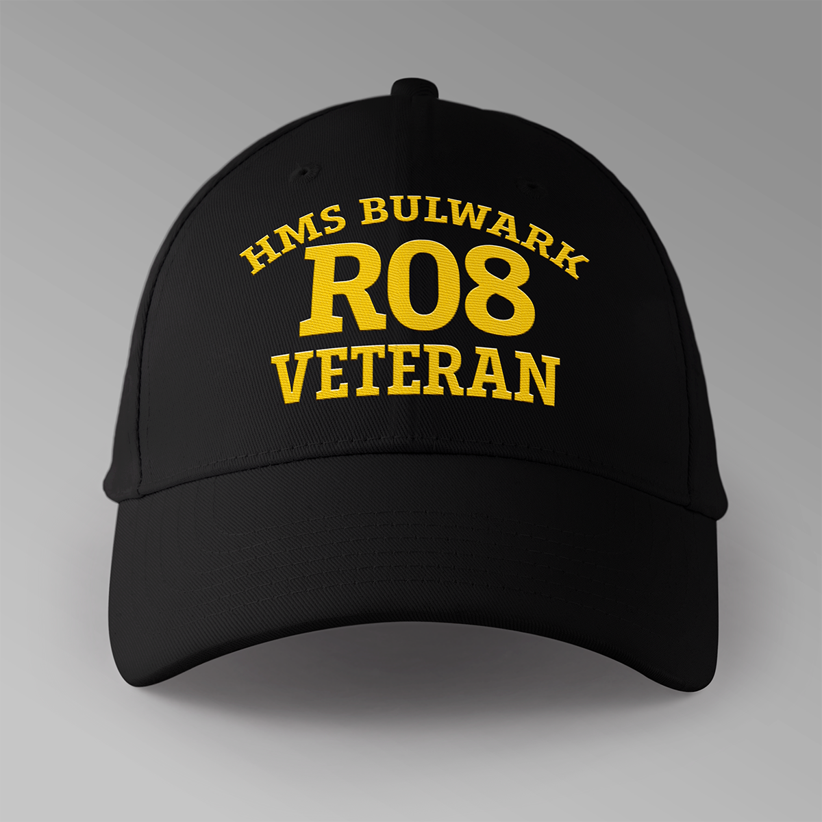 HMS Bulwark R08 Veteran embroidered personalised baseball cap in black — front view