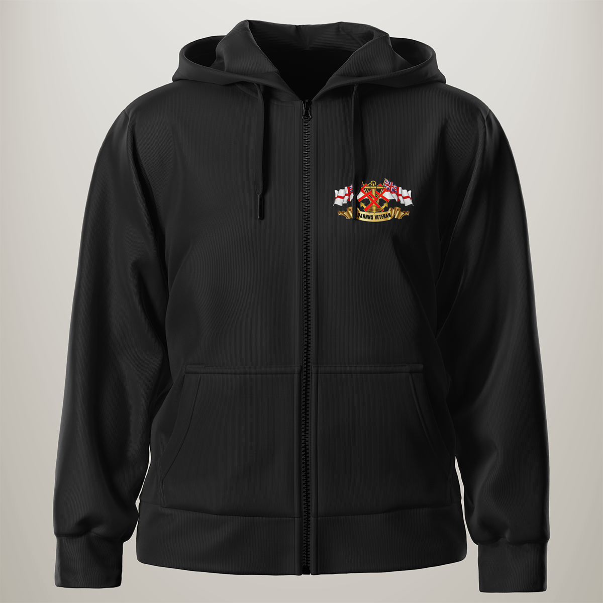 QARNNS Veteran 'Ensigns' zipped hoodie in black — front view
