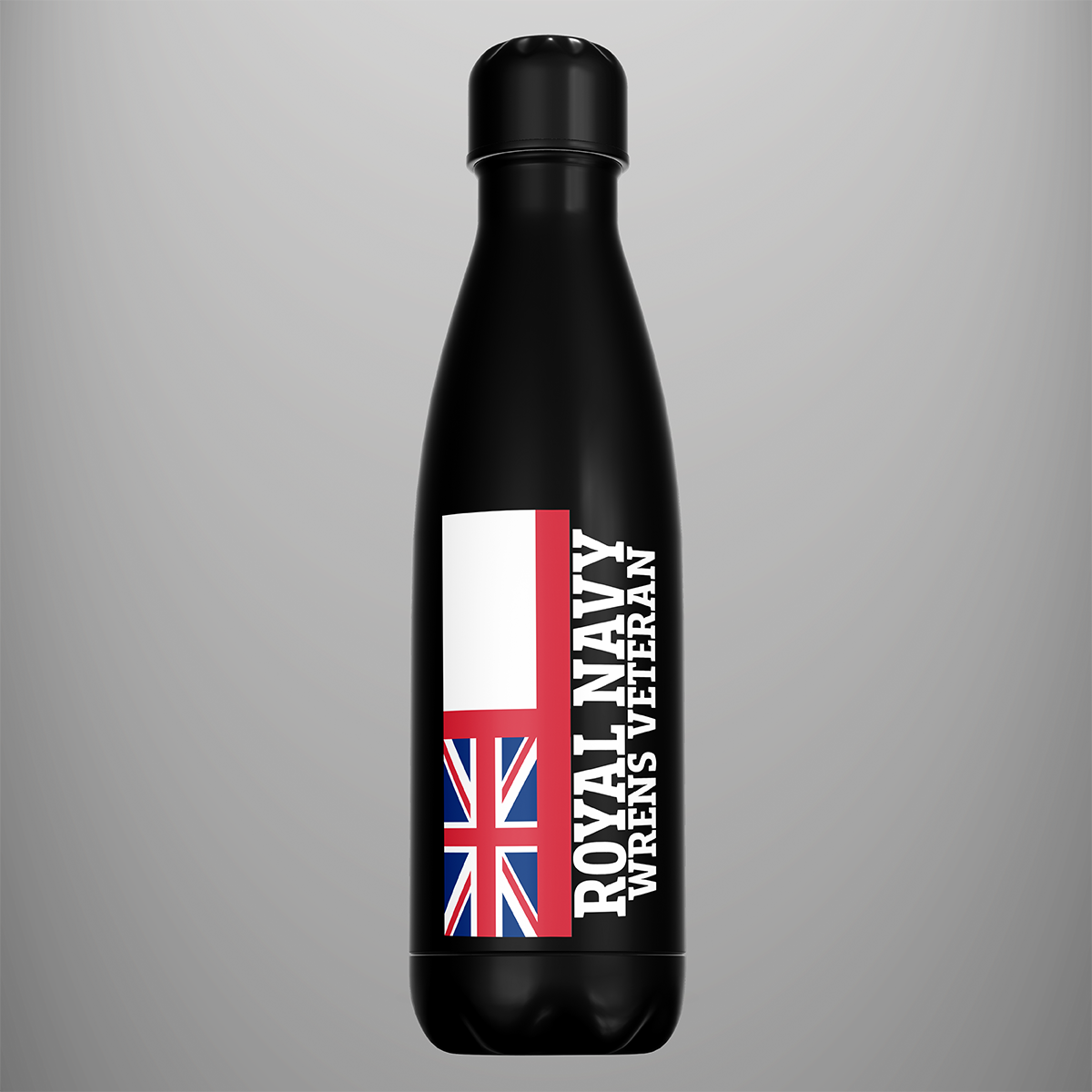 Black WRNS Veteran water bottle with vertical White Ensign design