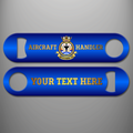 Aircraft Handler Branch Crest personalised blue bottle opener, gold Aircraft Handler lettering and crest on front, custom gold text example on reverse