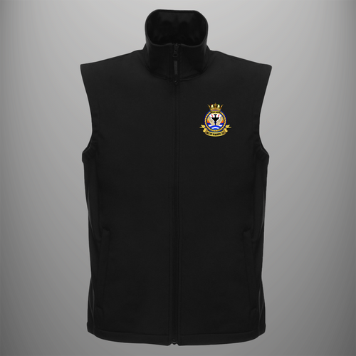 Aircraft Handler 'Branch Crest' soft shell body warmer in black — front view