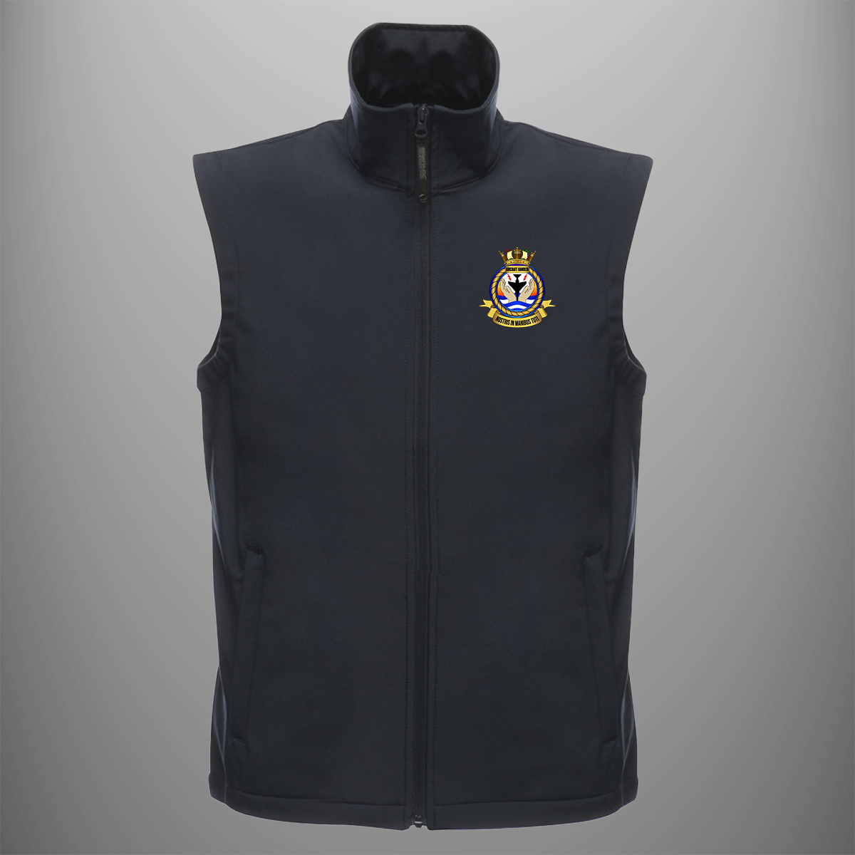 Aircraft Handler 'Branch Crest' soft shell body warmer in navy blue — front view