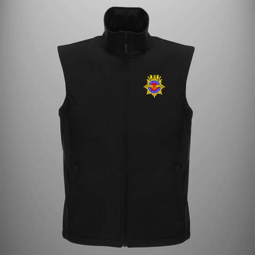 Aircraft Handler 'Naval Air Command Fire Service' Badge soft shell body warmer in black — front view