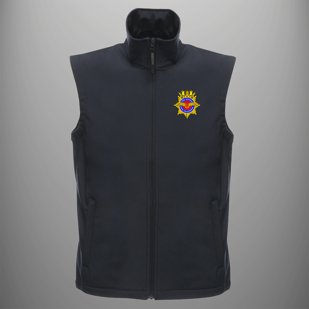 Aircraft Handler 'Naval Air Command Fire Service' Badge soft shell body warmer in navy blue — front view