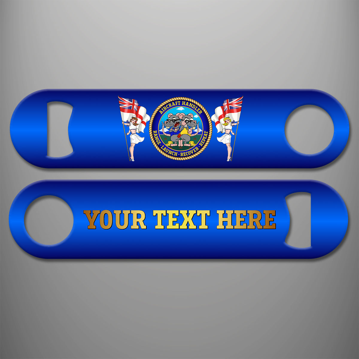 Blue Aircraft Handler personalised bottle opener with two Roof Rats in the central design, two women carrying White Ensigns on either side, and gold custom text example on the reverse