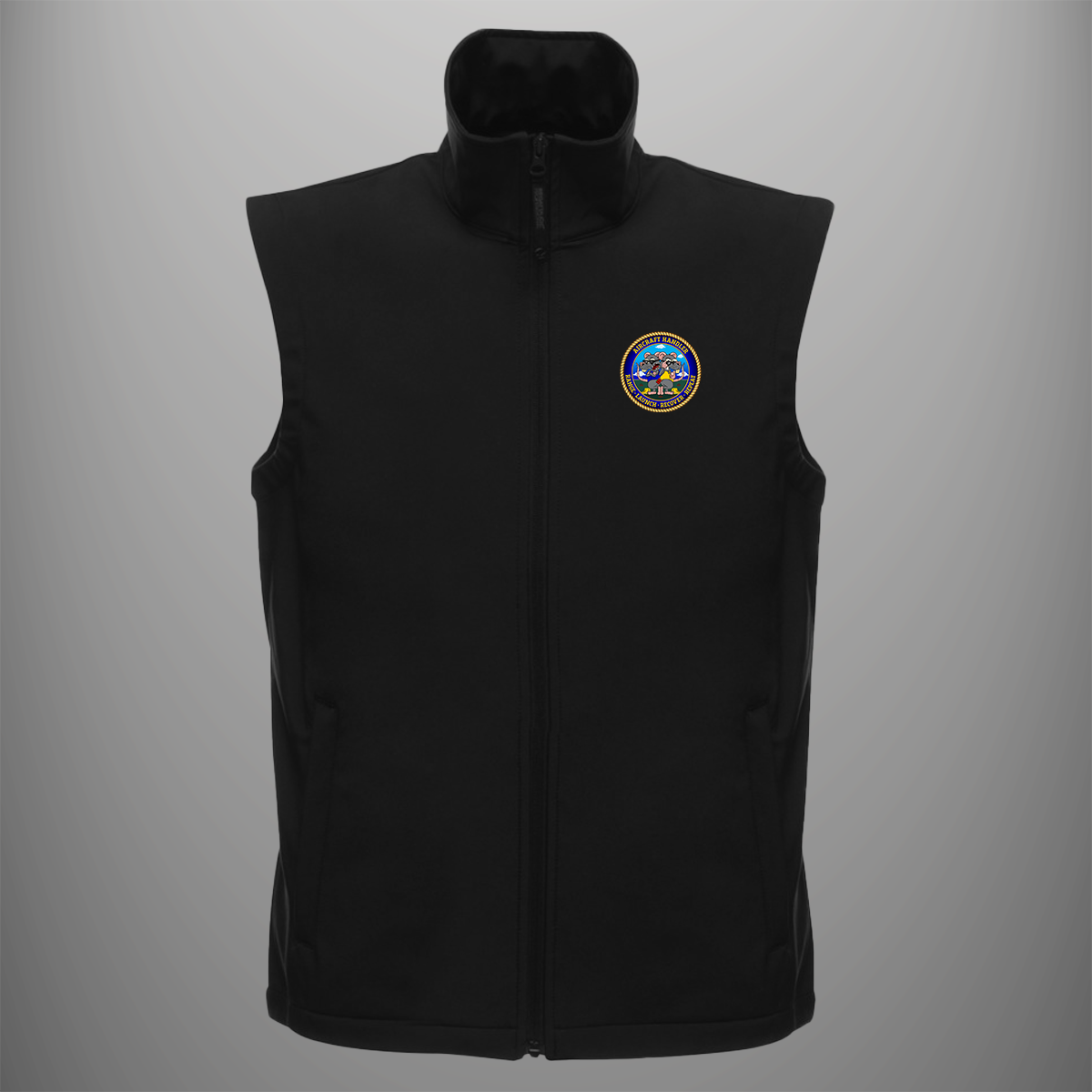 Aircraft Handler 'Range, Launch, Recover, Repeat' soft shell body warmer in black — front view