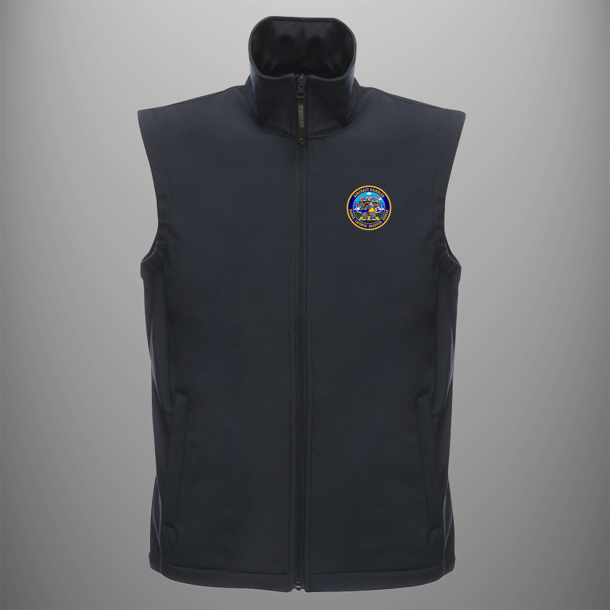 Aircraft Handler 'Range, Launch, Recover, Repeat' soft shell body warmer in navy blue — front view
