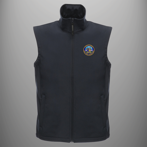 Aircraft Handler 'Range, Launch, Recover, Repeat' soft shell body warmer in navy blue — front view