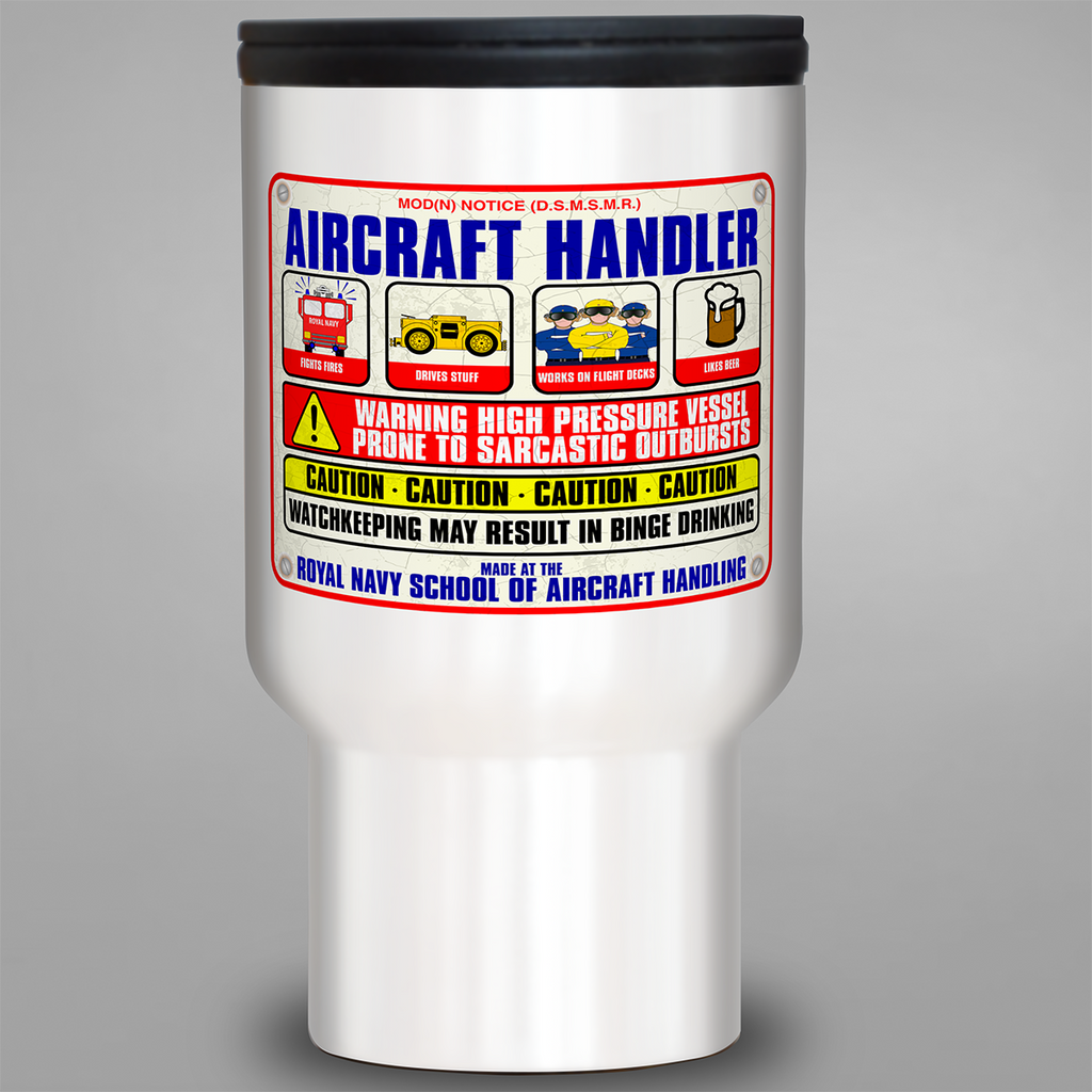 Aircraft Handler warning-sign travel mug – School of Aircraft Handling
