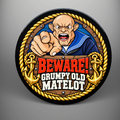 Round coaster featuring a pointing cartoon sailor with Beware! Grumpy Old Matelot wording, gold rope border and anchors
