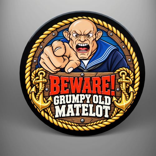 Round coaster featuring a pointing cartoon sailor with Beware! Grumpy Old Matelot wording, gold rope border and anchors