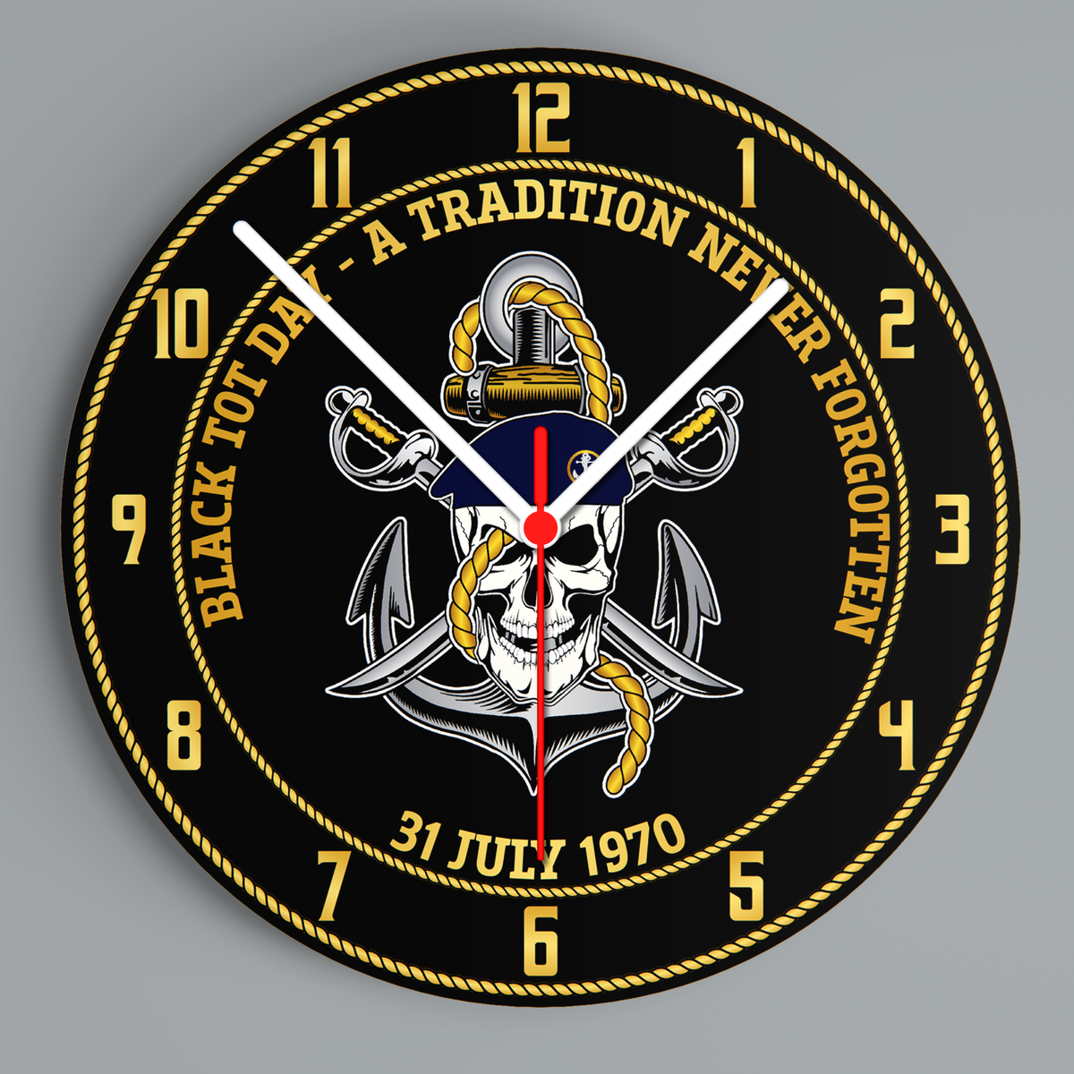 Black Tot Day glass wall clock with naval skull and anchor design, 31 July 1970, and black and gold numerals