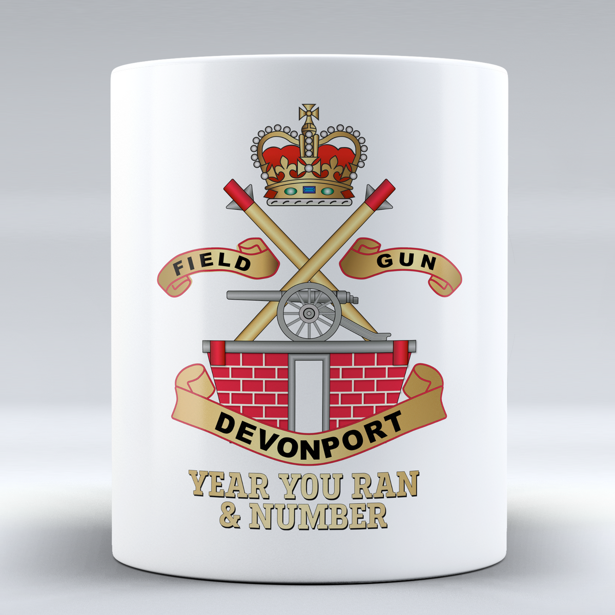 Devonport Field Gun Crew personalised 11oz mug showing crown, crossed field gun implements and fields for year you ran and number