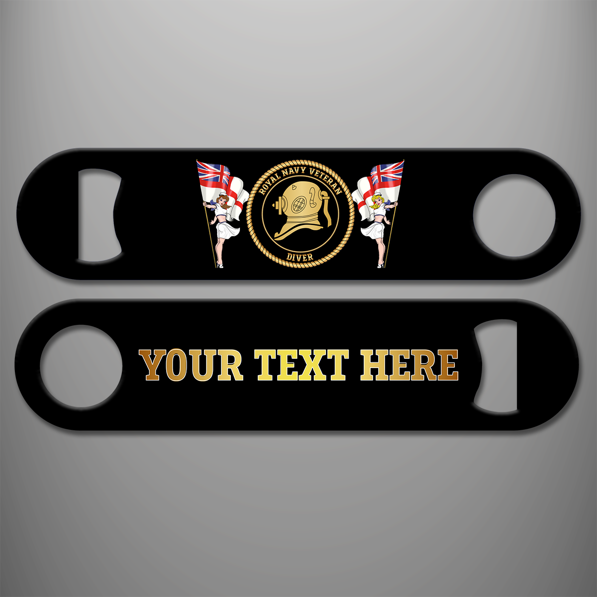 Royal Navy Veteran Diver personalised bottle opener with branch badge and gold personalised text example on the reverse