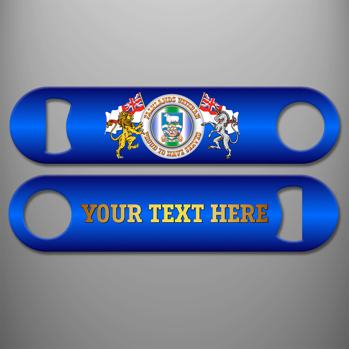Blue Falklands Veteran 'Proud to Have Served' personalised bottle opener with central Falkland Islands emblem, heraldic lion and unicorn, White Ensigns, and gold example wording on reverse