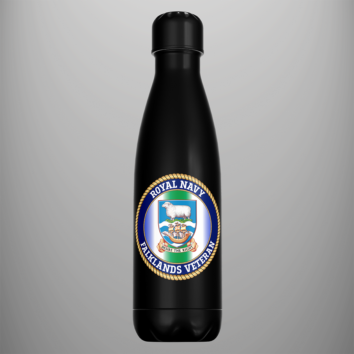 Black Falklands Veteran water bottle with Royal Navy emblem and Falkland Islands coat of arms