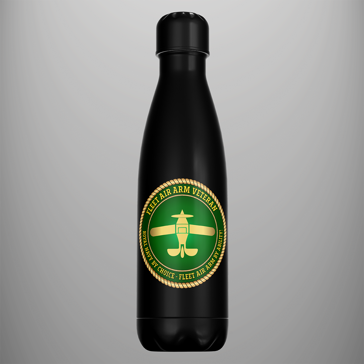 Black Fleet Air Arm Veteran water bottle with green aircraft emblem and By Choice By Ability wording