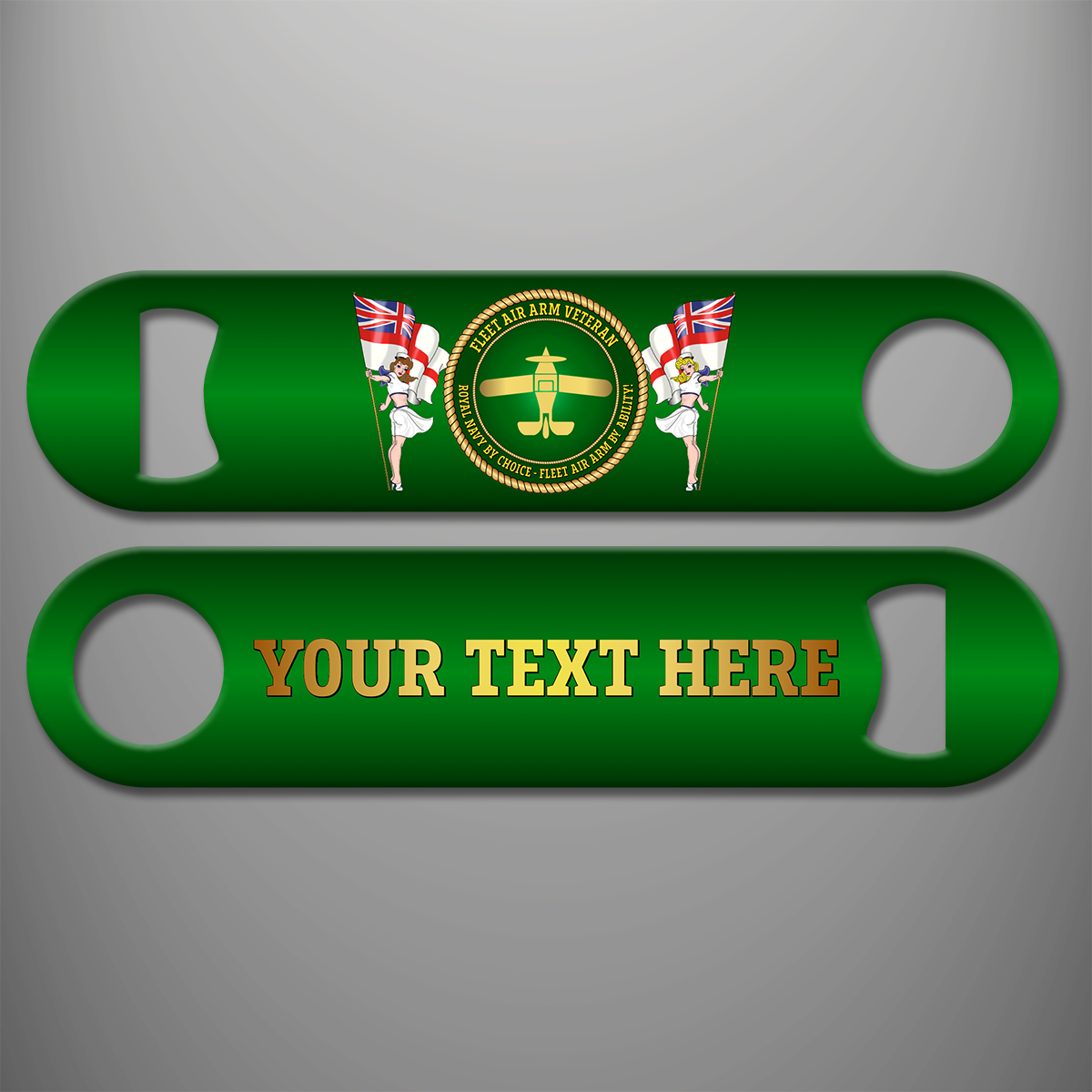 Green Fleet Air Arm Veteran personalised bottle opener with Royal Navy by choice - Fleet Air Arm by ability inscription, naval aviation design, White Ensigns, and gold example wording on reverse
