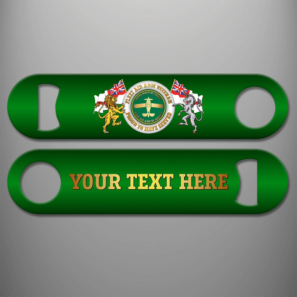 Green Fleet Air Arm Veteran Proud to Have Served personalised bottle opener, central naval aviation design flanked by a gold lion and silver unicorn carrying White Ensigns, with gold example personalisation on reverse