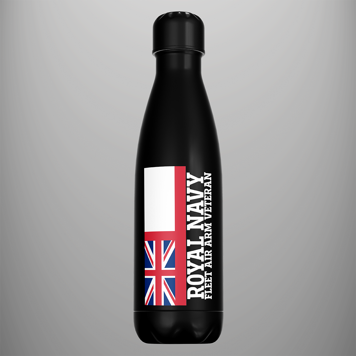Black Fleet Air Arm Veteran water bottle with vertical White Ensign design