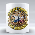 White mug featuring Great Oppos Bad Decisions artwork with two cartoon Royal Navy sailors and nautical rope and anchors