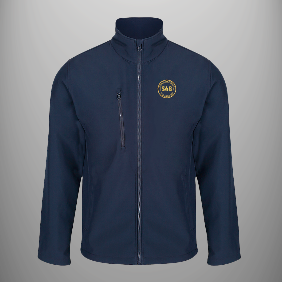 HMS Conqueror S48 Pennant Number soft shell jacket in navy blue, front view