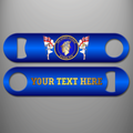 Blue HMS Hermes Veteran personalised bottle opener featuring the winged-helmet design and Altiora Peto motto, flanked by two women carrying White Ensigns, with gold custom text example on the reverse