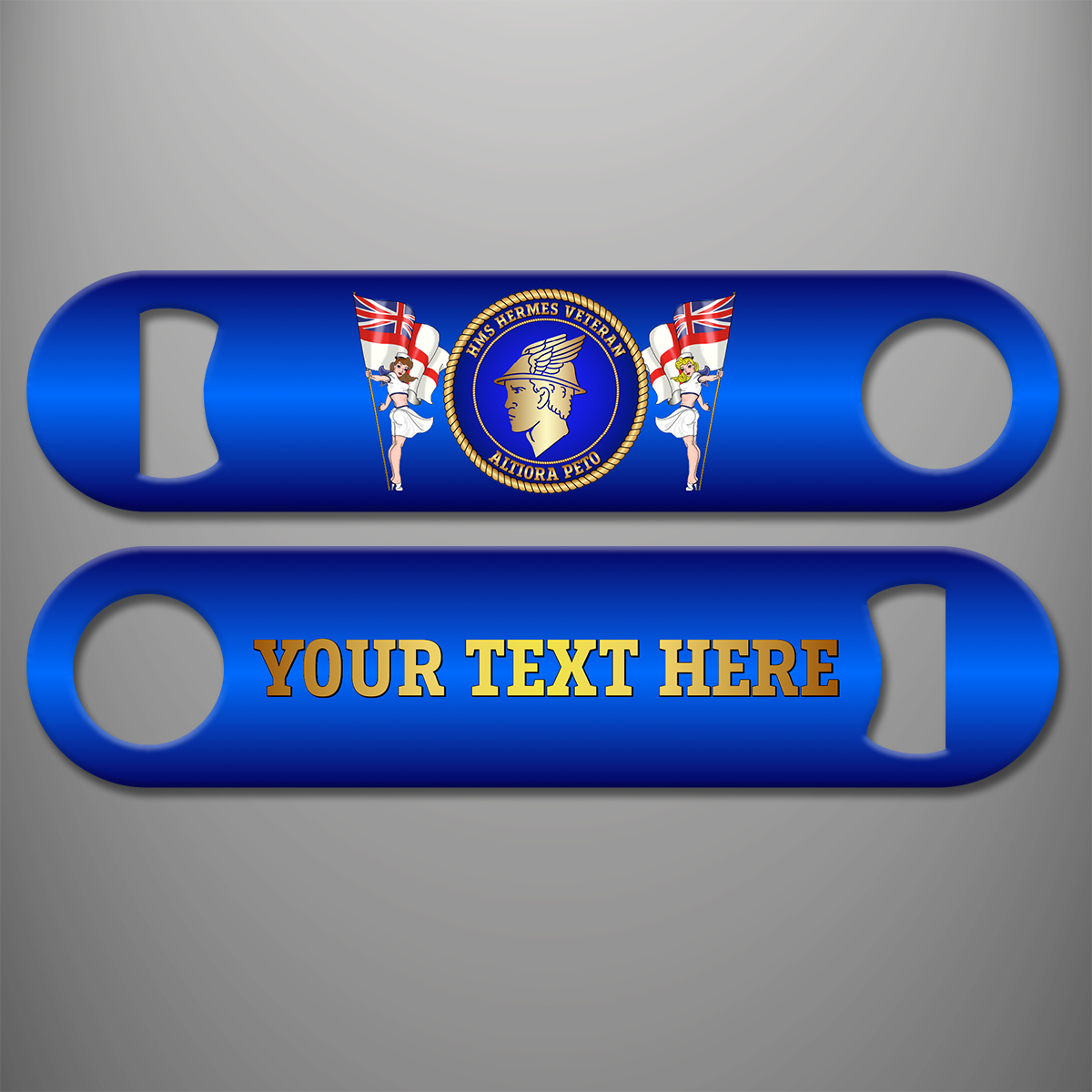 Blue HMS Hermes Veteran personalised bottle opener featuring the winged-helmet design and Altiora Peto motto, flanked by two women carrying White Ensigns, with gold custom text example on the reverse