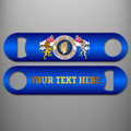 Blue HMS Hermes Veteran 'Proud to Have Served' personalised bottle opener showing a central golden winged-helmet profile, heraldic lion and unicorn beside White Ensigns, and gold example personalisation on reverse