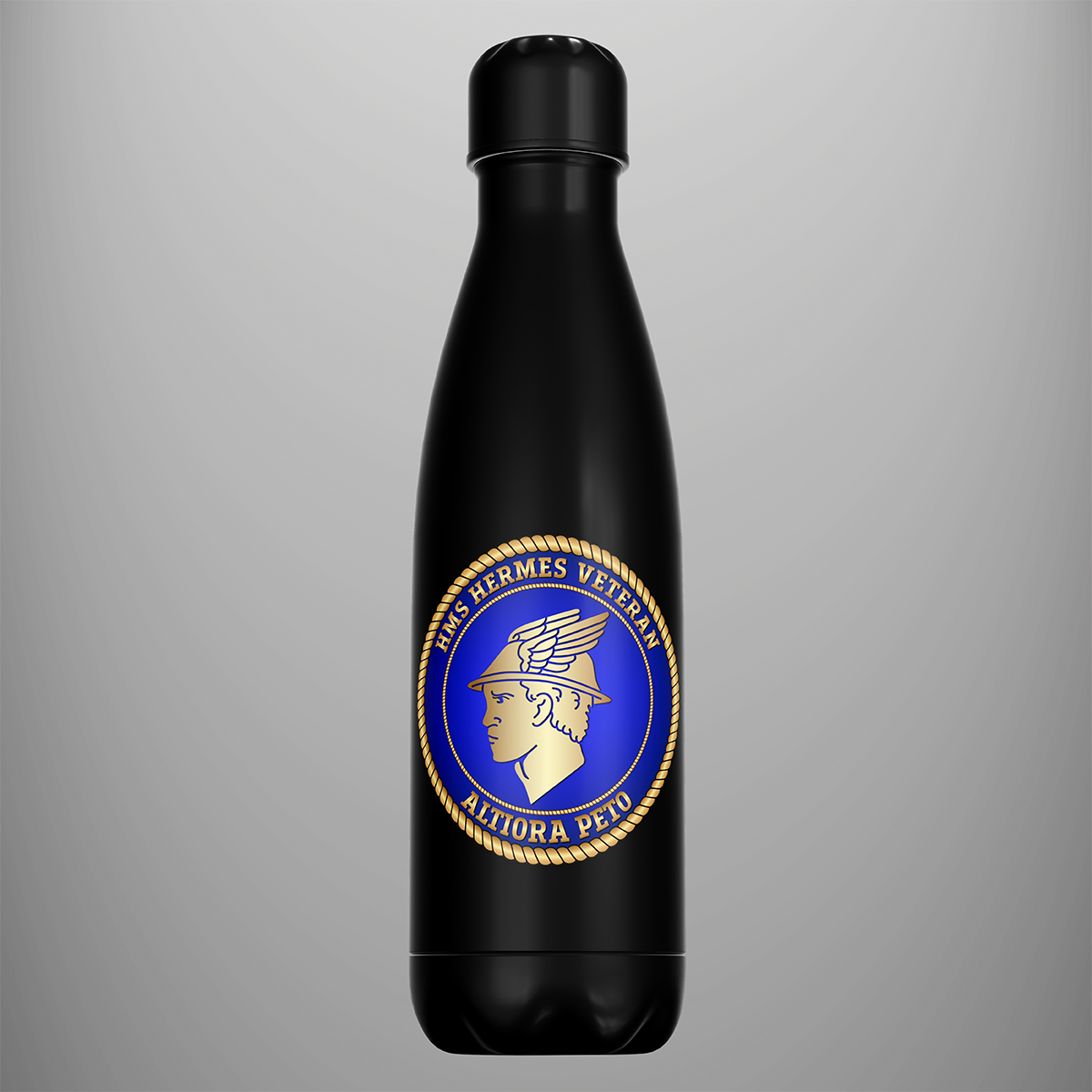 Black HMS Hermes Veteran water bottle with blue and gold Altiora Peto emblem