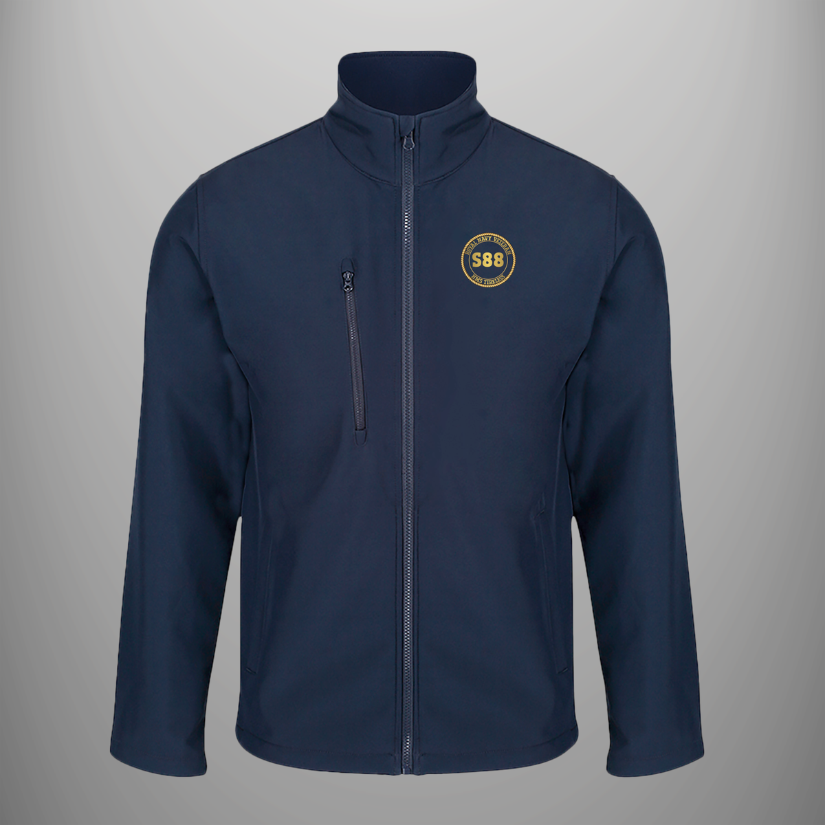 HMS Tireless S88 Pennant Number soft shell jacket in navy blue, front view