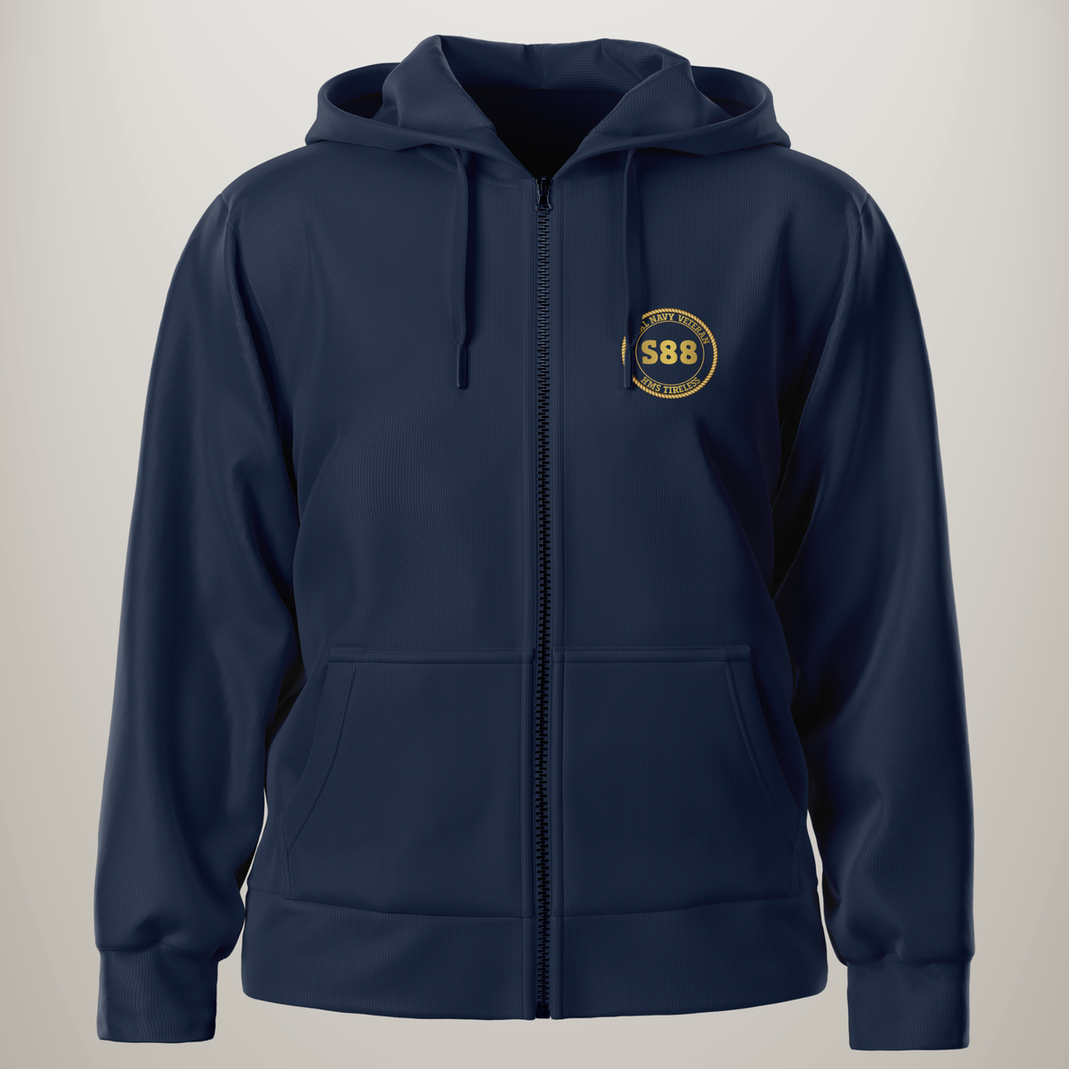 HMS Tireless S88 Pennant Number zipped hoodie in navy blue, front view
