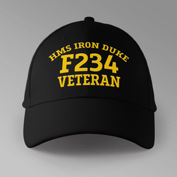 HMS Iron Duke F234 Veteran — HMS Iron Duke F234 embroidered personalised baseball cap in black — front view