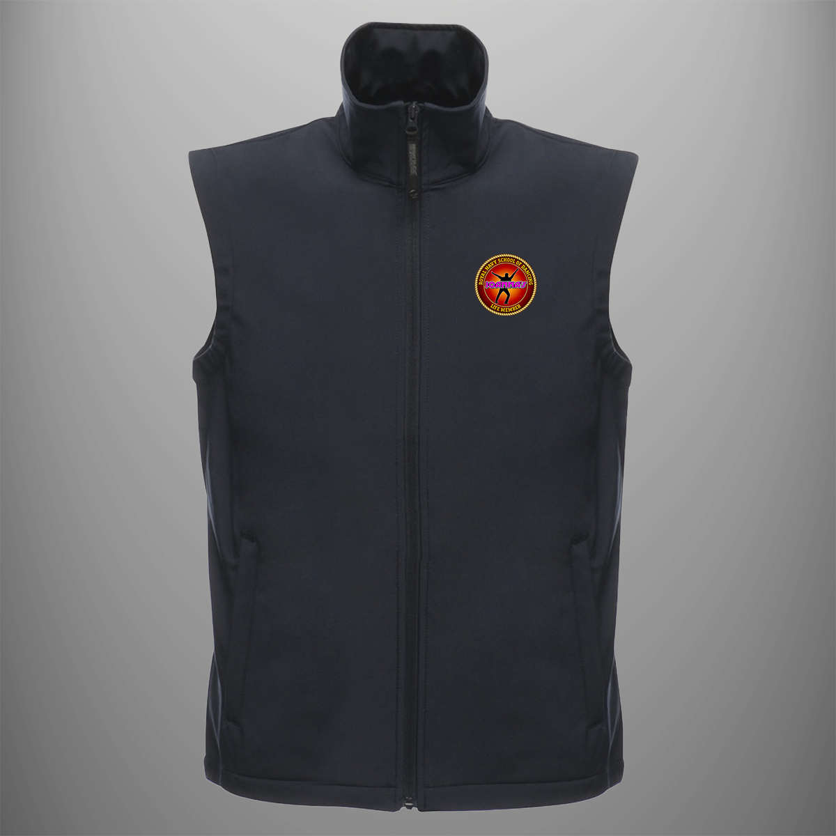 Joannas 'Royal Navy School of Dancing' soft shell body warmer in navy blue — front view