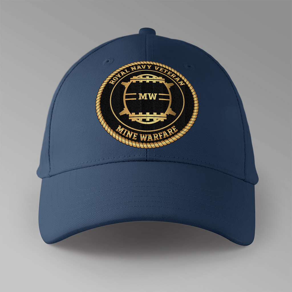Royal Navy Veteran 'Mine Warfare' personalised baseball cap in navy blue — front view