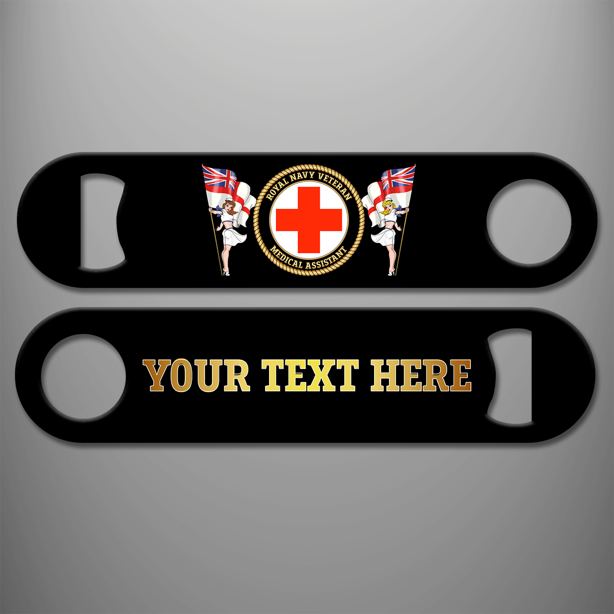 Royal Navy Veteran Medical Assistant personalised bottle opener with branch badge and gold personalised text example on the reverse