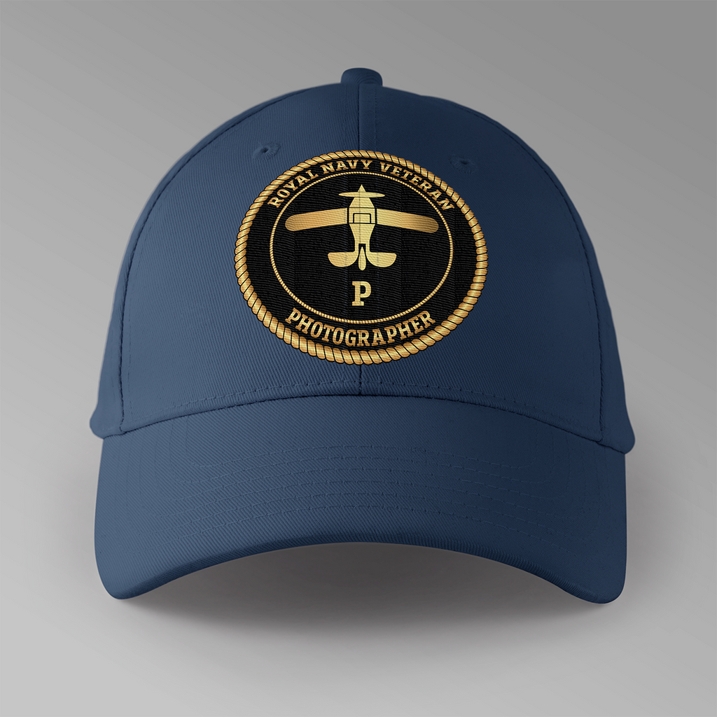Royal Navy Veteran 'Photographer' — Phot personalised baseball cap in navy blue — front view