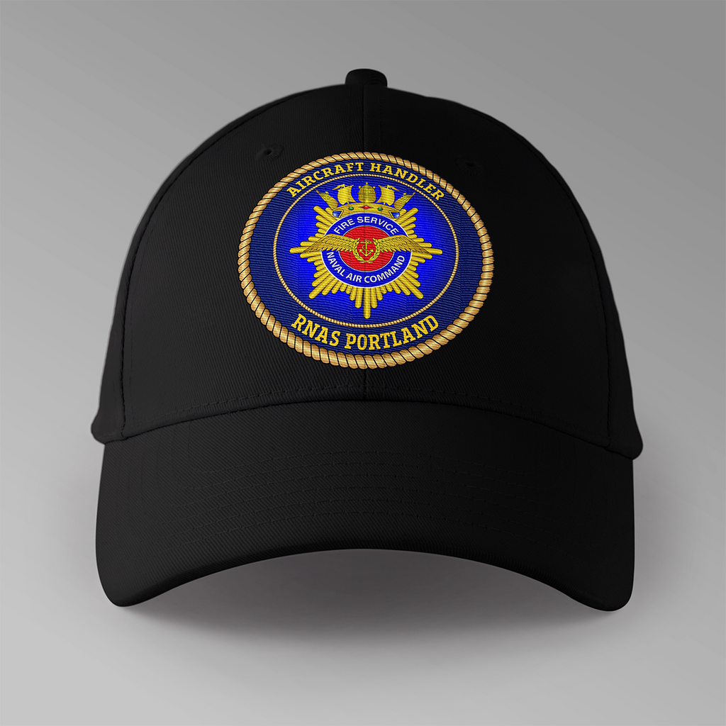 Aircraft Handler 'Naval Air Command Fire Service – Fire Stations' — Portland personalised baseball cap in black — front view