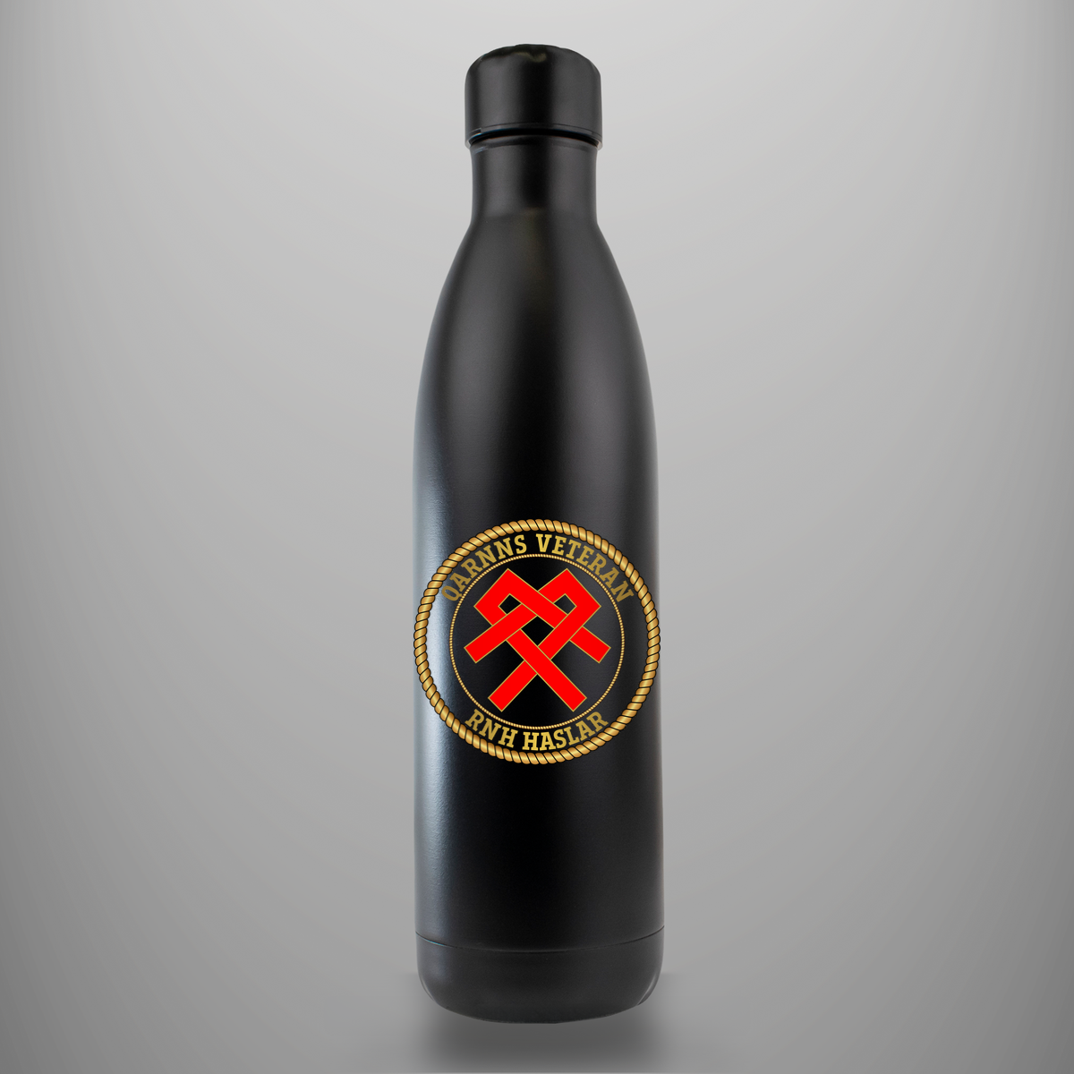 QARNNS Veteran RNH Haslar insulated drinks bottle with badge on matte-black bottle