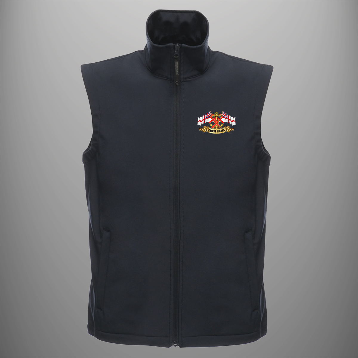 QARNNS Veteran 'Ensigns' soft shell body warmer in navy blue — front view
