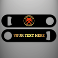 Black QARNNS Veteran RNH Haslar personalised bottle opener featuring a circular gold rope-bordered emblem with red naval nursing insignia, and gold example wording on the reverse