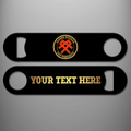 Black QARNNS Veteran RNH Stonehouse personalised bottle opener with circular gold rope-bordered design and red intertwined insignia, reverse showing example gold personalised wording