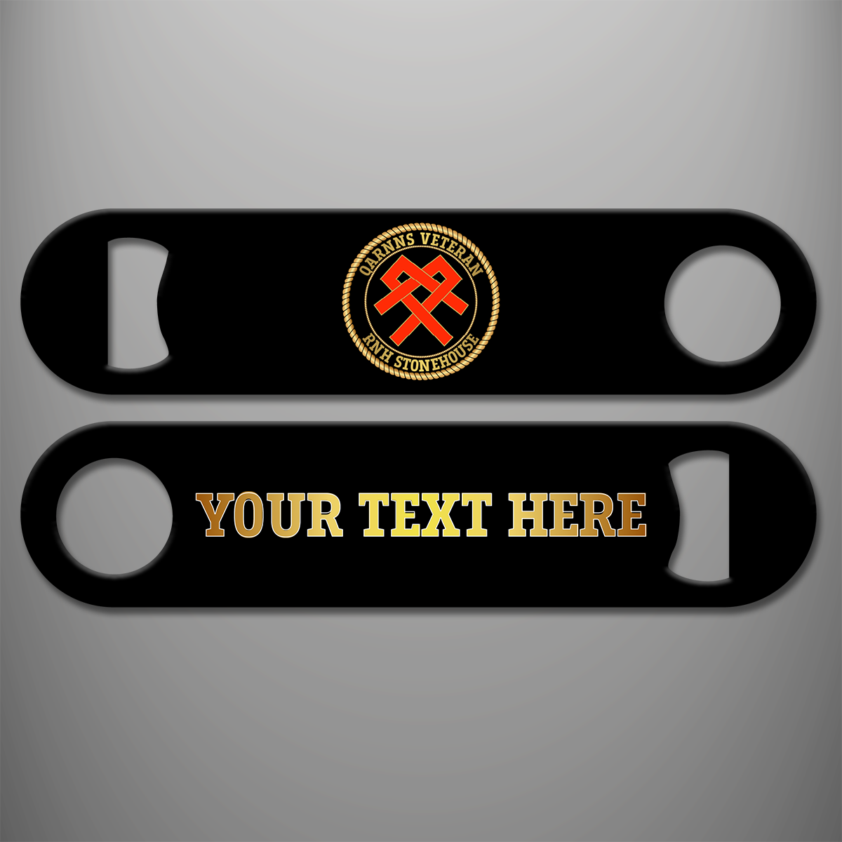 Black QARNNS Veteran RNH Stonehouse personalised bottle opener with circular gold rope-bordered design and red intertwined insignia, reverse showing example gold personalised wording