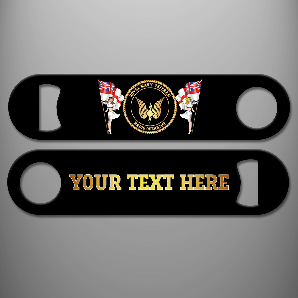 Royal Navy Veteran Radio Operator (G) personalised bottle opener with branch badge and gold personalised text example on the reverse