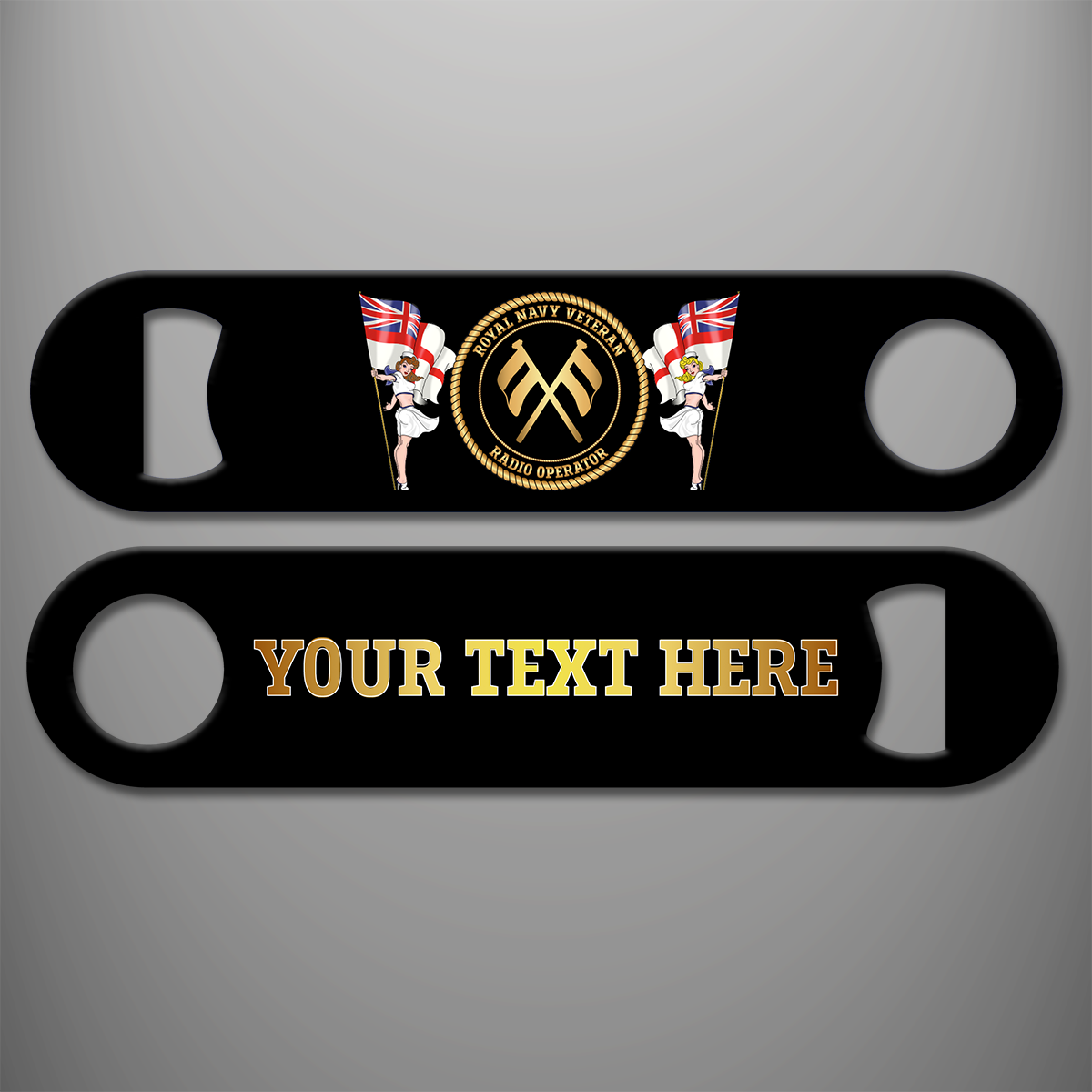 Royal Navy Veteran Radio Operator (T) personalised bottle opener with branch badge and gold personalised text example on the reverse