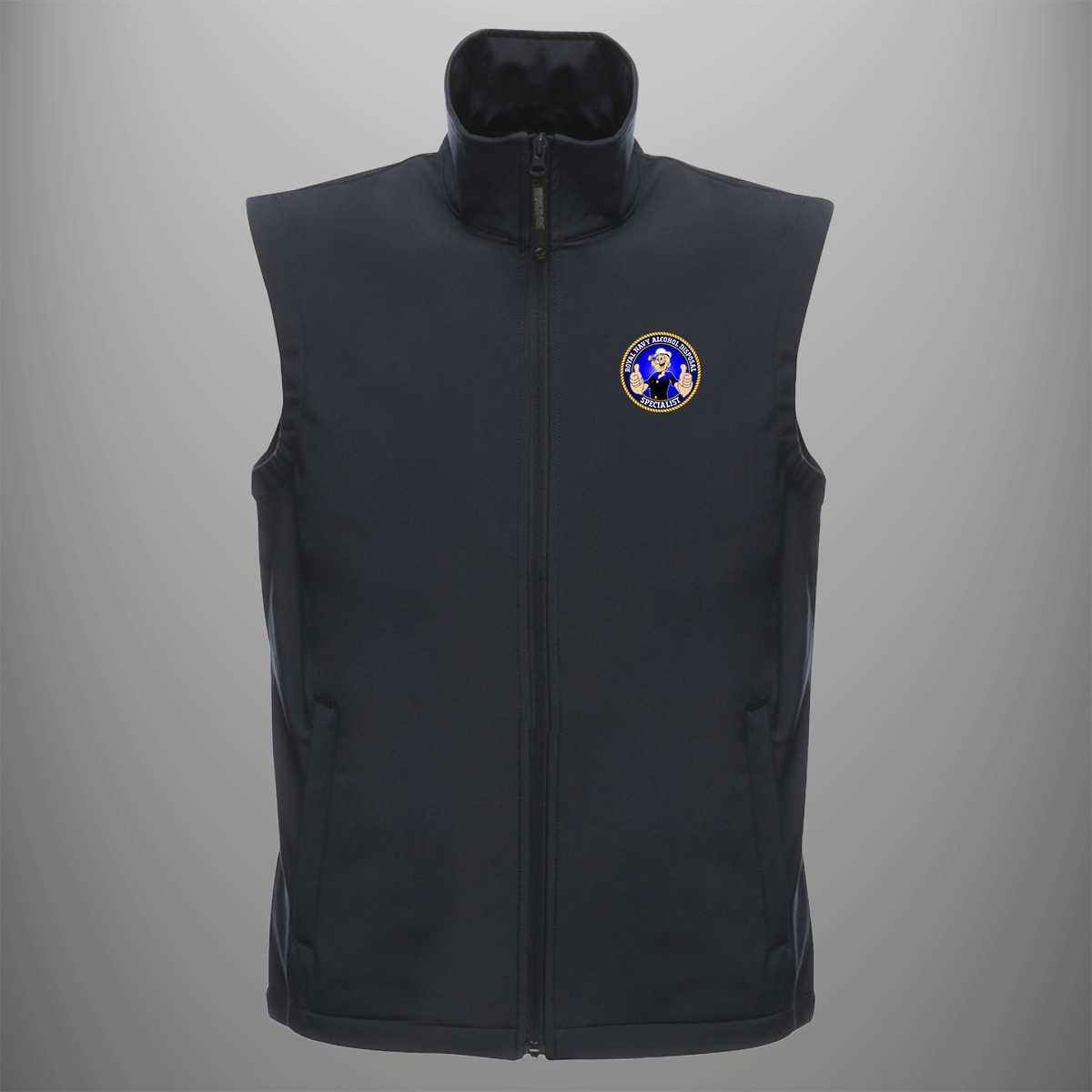 Royal Navy 'Alcohol Disposal Specialist' soft shell body warmer in navy blue — front view