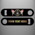 Black Royal Navy 'Black Tot Day' personalised bottle opener with skull and naval insignia dated 31 July 1970, two women carrying White Ensigns, and gold personalised text example on reverse