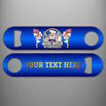 Blue Royal Navy Chefs 'White Mafia' personalised bottle opener with cartoon chef holding two cleavers, White Ensigns carried by two women, and gold example text on reverse