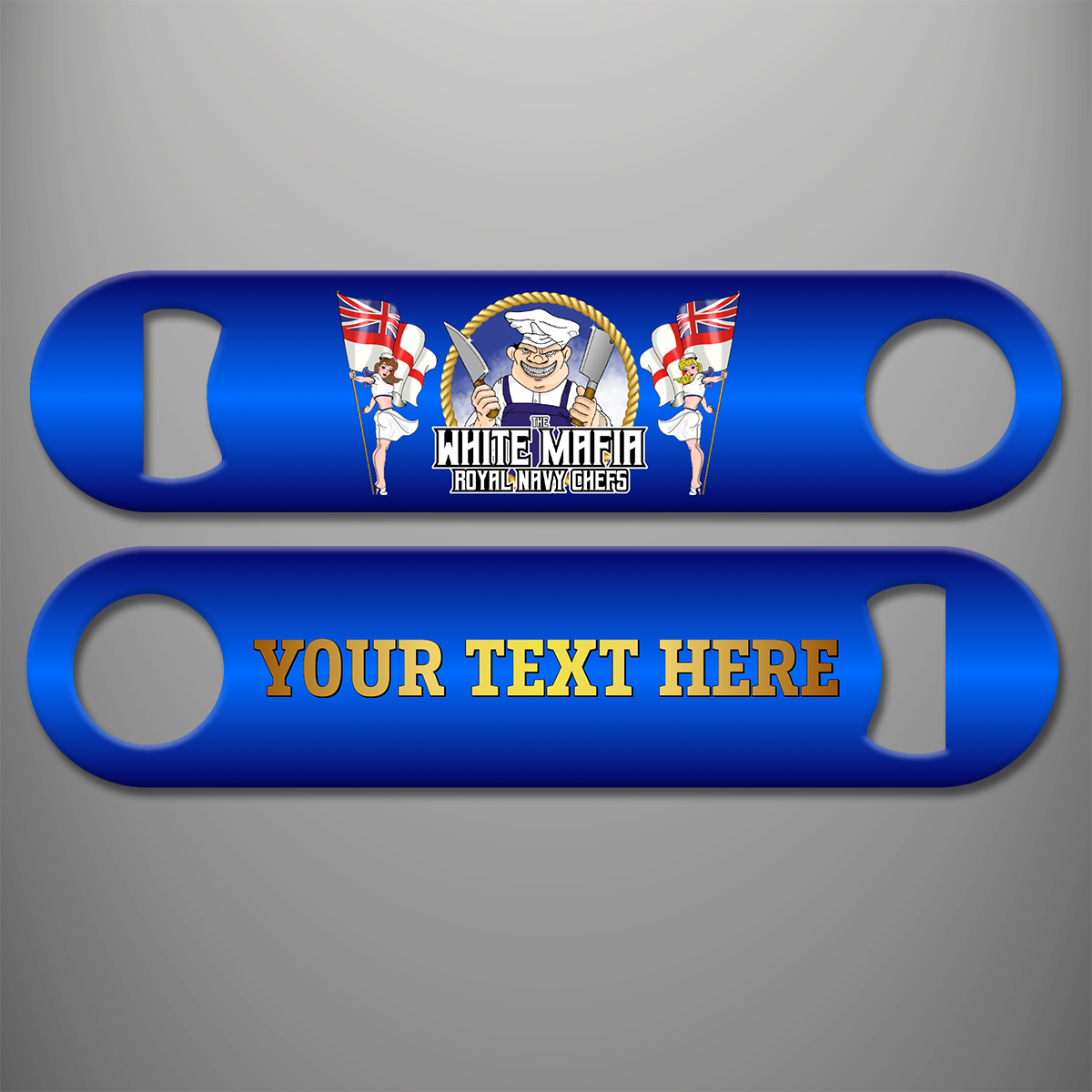 Blue Royal Navy Chefs 'White Mafia' personalised bottle opener with cartoon chef holding two cleavers, White Ensigns carried by two women, and gold example text on reverse